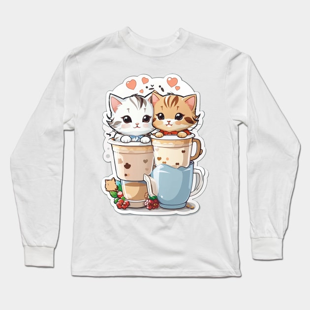 Cute Kittens With A Cup Of Milk Tea Long Sleeve T-Shirt by AySelin